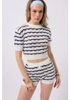 Örgü Detay Çizgili Crop Bluz