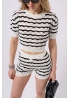 Örgü Detay Çizgili Crop Bluz