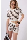 Örgü Detay Çizgili Crop Bluz