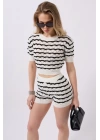 Örgü Detay Çizgili Crop Bluz