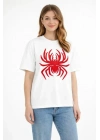 Örümcek Baskılı Tişört Kısa Kollu Bisiklet Yaka T-Shirt - Beyaz