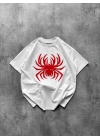 Örümcek Baskılı Tişört Kısa Kollu Bisiklet Yaka T-Shirt - Beyaz