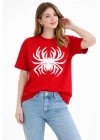 Örümcek Baskılı Tişört Kısa Kollu Bisiklet Yaka T-Shirt - Kırmızı