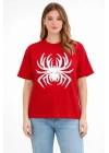 Örümcek Baskılı Tişört Kısa Kollu Bisiklet Yaka T-Shirt - Kırmızı