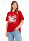 Örümcek Baskılı Tişört Kısa Kollu Bisiklet Yaka T-Shirt - Kırmızı