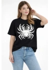 Örümcek Baskılı Tişört Kısa Kollu Bisiklet Yaka T-Shirt - Siyah
