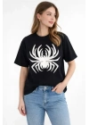 Örümcek Baskılı Tişört Kısa Kollu Bisiklet Yaka T-Shirt - Siyah