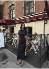 Osy Modal Yumuşak Dokulu Kumaş Bisiklet Yaka Kısa Kollu Kuşaklı Uzun Elbise - Füme