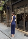 Osy Modal Yumuşak Dokulu Kumaş Bisiklet Yaka Sıfır Kolsuz Yırtmaçlı Uzun Elbise - Mavi