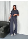 Osy Modal Yumuşak Dokulu Kumaş Bisiklet Yaka T-shirt Bol Paça Pantalon Ikili Takım -Antrasit
