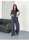 Osy Modal Yumuşak Dokulu Kumaş Bisiklet Yaka T-shirt Bol Paça Pantalon Ikili Takım -Antrasit