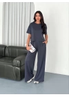 Osy Modal Yumuşak Dokulu Kumaş Bisiklet Yaka T-shirt Bol Paça Pantalon Ikili Takım -Antrasit