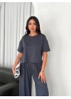 Osy Modal Yumuşak Dokulu Kumaş Bisiklet Yaka T-shirt Bol Paça Pantalon Ikili Takım -Antrasit