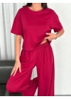 Osy Modal Yumuşak Dokulu Kumaş Bisiklet Yaka T-shirt Bol Paça Pantalon Ikili Takım -Bordo