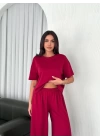 Osy Modal Yumuşak Dokulu Kumaş Bisiklet Yaka T-shirt Bol Paça Pantalon Ikili Takım -Bordo