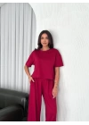 Osy Modal Yumuşak Dokulu Kumaş Bisiklet Yaka T-shirt Bol Paça Pantalon Ikili Takım -Bordo