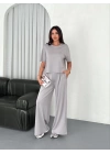 Osy Modal Yumuşak Dokulu Kumaş Bisiklet Yaka T-shirt  Bol Paça Pantalon Ikili Takım - Boyalı Gri