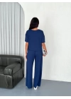 Osy Modal Yumuşak Dokulu Kumaş Bisiklet Yaka T-shirt Bol Paça Pantalon Ikili Takım -Saks Mavi