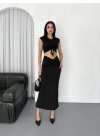 Osy Modal Yumuşak Dokulu Kumaş  Büzgülü Crop Etek Takım - Siyah