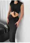 Osy Modal Yumuşak Dokulu Kumaş  Büzgülü Crop Etek Takım - Siyah