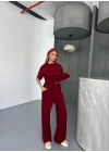 Osy Modal Yumuşak Dokulu Kumaş   Kısa Kollu Bluz Rahat Pantalon Ikili Takım- Bordo