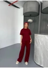 Osy Modal Yumuşak Dokulu Kumaş   Kısa Kollu Bluz Rahat Pantalon Ikili Takım- Bordo