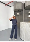 Osy Modal Yumuşak Dokulu Kumaş Kısa Kollu Bluz Rahat Pantalon Ikili Takım- Füme
