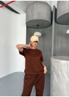 Osy Modal Yumuşak Dokulu Kumaş Kısa Kollu Bluz Rahat Pantalon Ikili Takım- Kahverengi