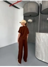 Osy Modal Yumuşak Dokulu Kumaş Kısa Kollu Bluz Rahat Pantalon Ikili Takım- Kahverengi