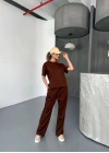 Osy Modal Yumuşak Dokulu Kumaş Kısa Kollu Bluz Rahat Pantalon Ikili Takım- Kahverengi