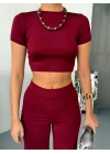 Osy Modal Yumuşak Dokulu Kumaş Kısa Kollu Crop Alt Ispanyol Paça Pantalon Ikili Takım - Bordo