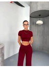 Osy Modal Yumuşak Dokulu Kumaş Kısa Kollu Crop Alt Ispanyol Paça Pantalon Ikili Takım - Bordo