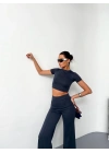 Osy Modal Yumuşak Dokulu Kumaş Kısa Kollu Crop Alt Ispanyol Paça Pantalon Ikili Takım - Füme