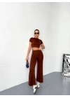 Osy Modal Yumuşak Dokulu Kumaş Kısa Kollu Crop Alt Ispanyol Paça Pantalon Ikili Takım - Kahverengi