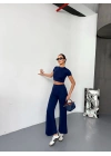 Osy Modal Yumuşak Dokulu Kumaş Kısa Kollu Crop Alt Ispanyol Paça Pantalon Ikili Takım - Lacivert