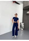 Osy Modal Yumuşak Dokulu Kumaş Kısa Kollu Crop Alt Ispanyol Paça Pantalon Ikili Takım - Lacivert