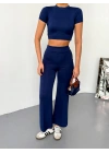 Osy Modal Yumuşak Dokulu Kumaş Kısa Kollu Crop Alt Ispanyol Paça Pantalon Ikili Takım - Lacivert