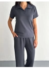 Osy Modal Yumuşak Dokulu Kumaş Kısa Kollu Yakalı T-shirt Pantalon Ikili Takım- Antrasit