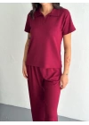 Osy Modal Yumuşak Dokulu Kumaş Kısa Kollu Yakalı T-shirt Pantalon Ikili Takım- Bordo