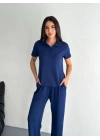 Osy Modal Yumuşak Dokulu Kumaş Kısa Kollu Yakalı T-shirt Pantalon Ikili Takım- Lacivert