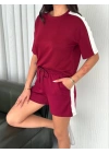 Osy Modal Yumuşak Dokulu Kumaş Parçalı Bisiklet Yaka T-shirt Kısa Şort İkili Takım -  Bordo