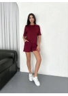 Osy Modal Yumuşak Dokulu Kumaş Parçalı Bisiklet Yaka T-shirt Kısa Şort İkili Takım -  Bordo