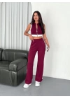 Osy Modal Yumuşak Dokulu Kumaş Tam Fermuarlı Crop Pantalon İkili Takım - Bordo