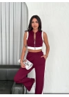 Osy Modal Yumuşak Dokulu Kumaş Tam Fermuarlı Crop Pantalon İkili Takım - Bordo