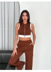 Osy Modal Yumuşak Dokulu Kumaş Tam Fermuarlı Crop Pantalon İkili Takım - Kahverengi