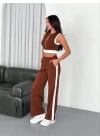 Osy Modal Yumuşak Dokulu Kumaş Tam Fermuarlı Crop Pantalon İkili Takım - Kahverengi