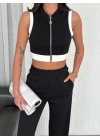 Osy Modal Yumuşak Dokulu Kumaş Tam Fermuarlı Crop Pantalon İkili Takım - Siyah