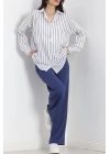 Oversize Çizgili Tunik Gömlek Beyazlacivert - 30110.1874.