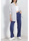 Oversize Çizgili Tunik Gömlek Beyazlacivert - 30110.1874.