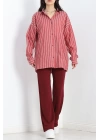 Oversize Çizgili Tunik Gömlek Bordobeyaz - 30110.1874.